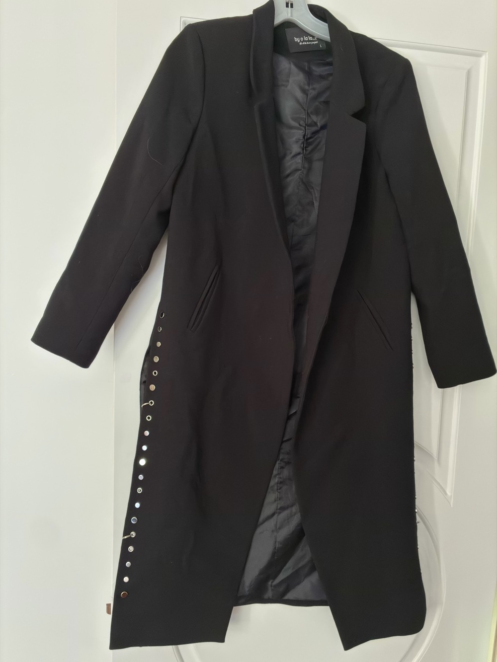 Black Long Tailored Coat with Eyelet Detail